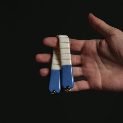 Hand holding a small blue and white chetki against a black background